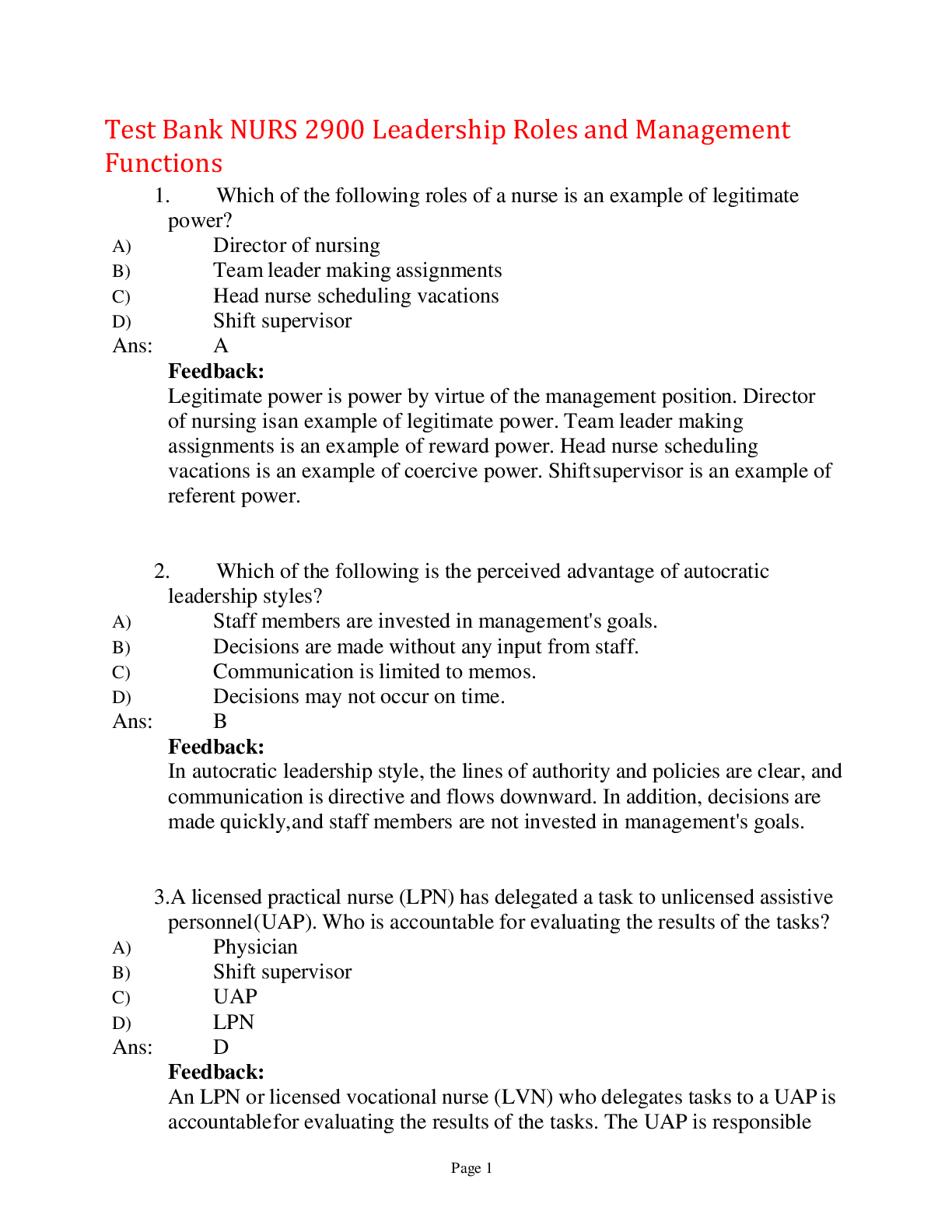 Preview image for Test Bank NURS 2900 Leadership Roles and Management Functions,100% CORRECT